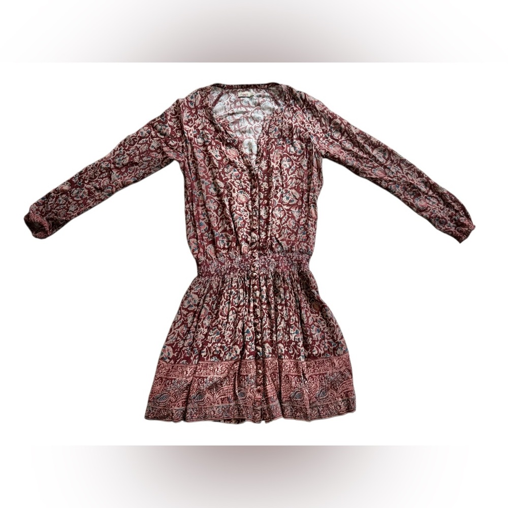 Faherty Montera Floral Mini Dress XS Long Sleeve Smocked Boho